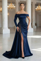 Off Shoulder Beaded Illusion Slit Satin Mermaid Prom Dresses