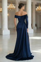 Off Shoulder Beaded Illusion Slit Satin Mermaid Prom Dresses