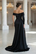 Off Shoulder Beaded Illusion Slit Satin Mermaid Prom Dresses
