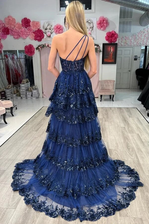 Sequins One-Shoulder Prom Dresses With Slit Evening Dress