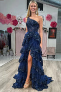 Sequins One-Shoulder Prom Dresses With Slit Evening Dress