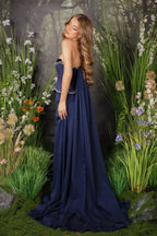 Strapless Satin Prom Dresses with Beaded Bodice Velvet Trim Cape Train for Prom and Red Carpet
