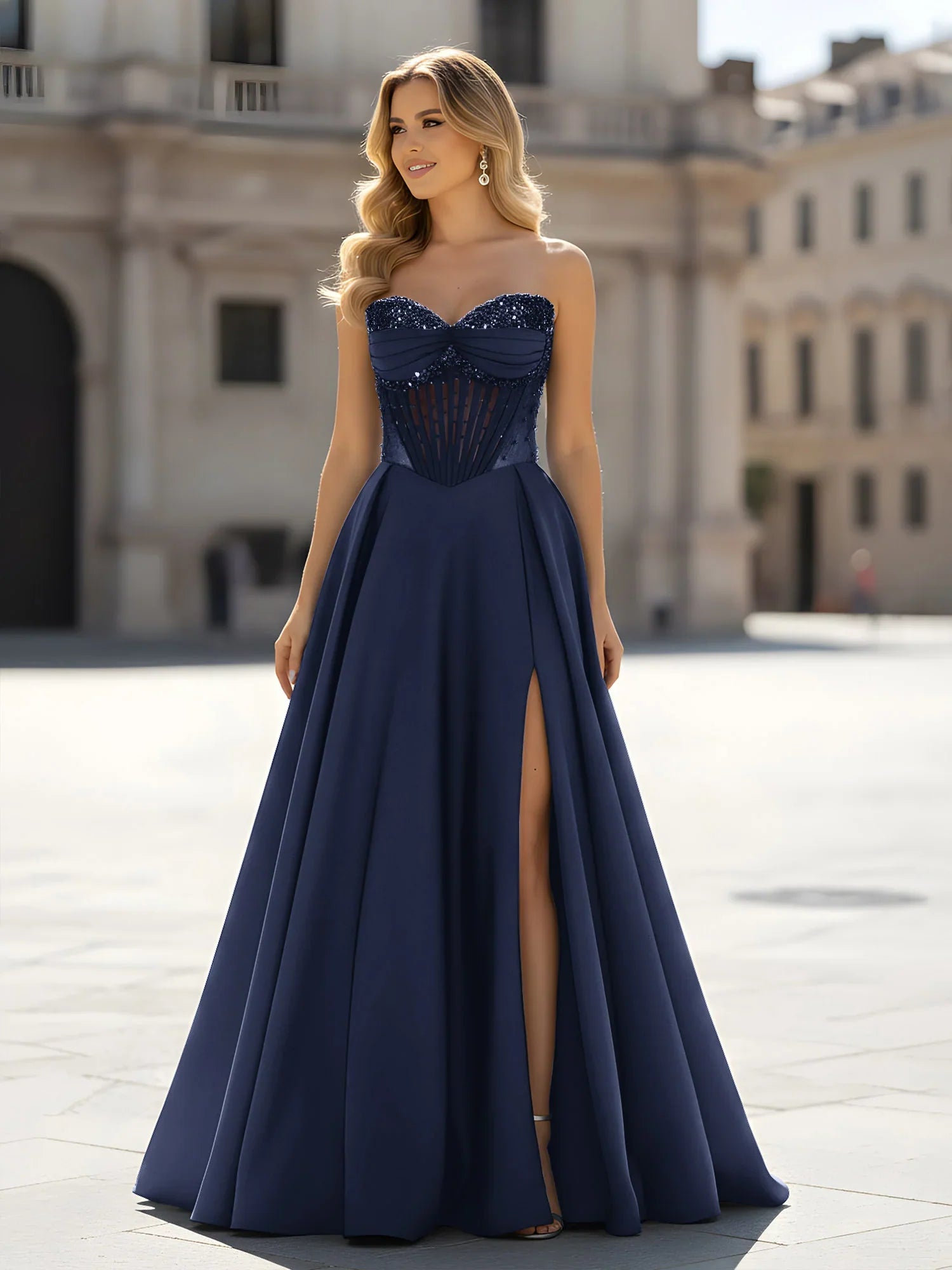 Satin Maxi Prom Dresses with Strapless Sequin Corset Bodice Lace-Up Back High Slit for Prom and Red Carpet