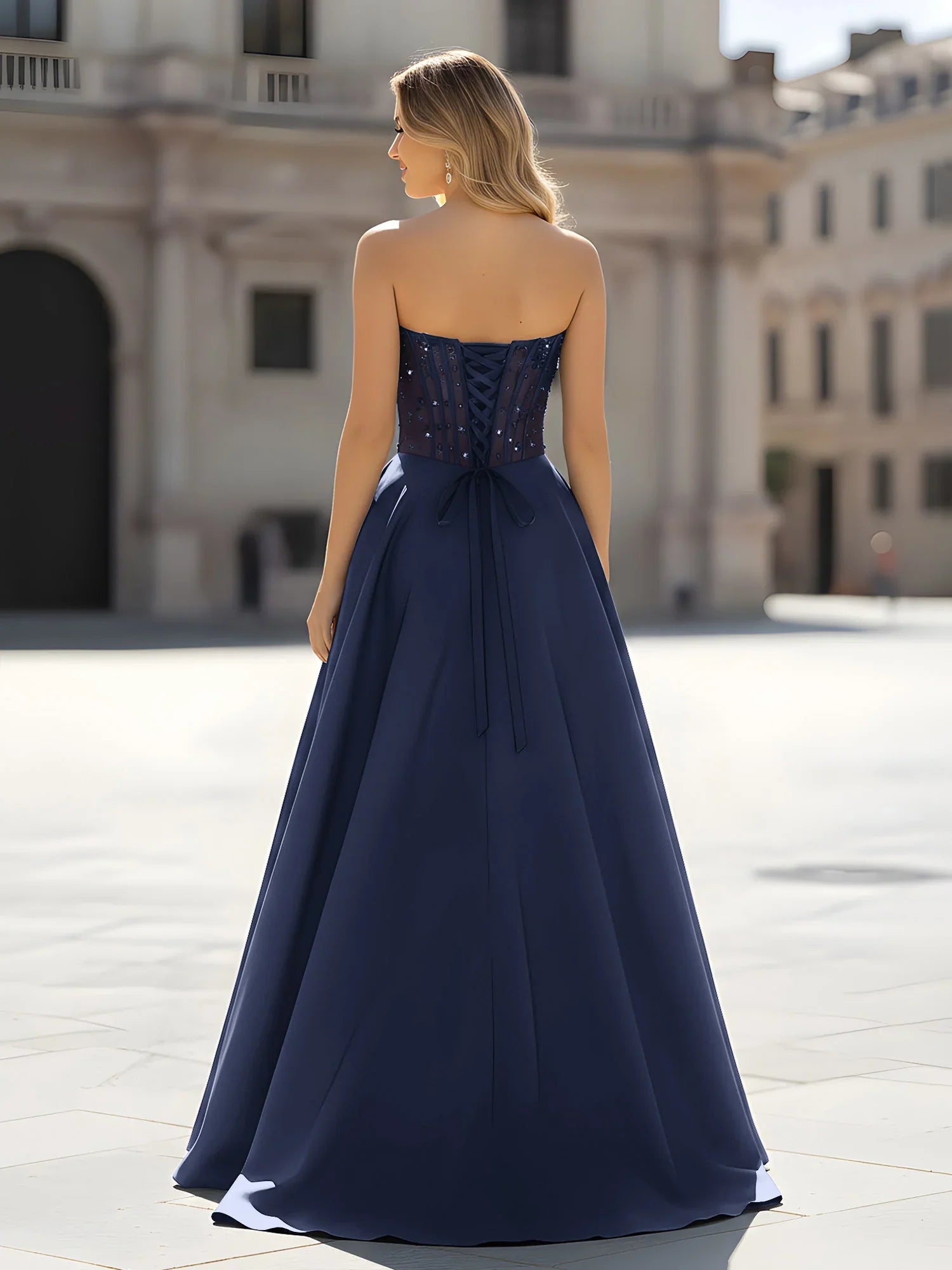 Satin Maxi Prom Dresses with Strapless Sequin Corset Bodice Lace-Up Back High Slit for Prom and Red Carpet