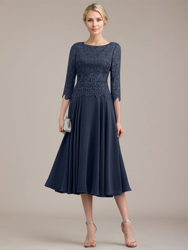 Vestido de gasa con encaje y escote redondo hasta la rodilla para madre de la novia 