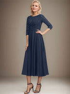 A-Linien-Kleid mit Rundhalsausschnitt, Teelänge, Spitze, Chiffon, Pailletten, für die Mutter der Braut