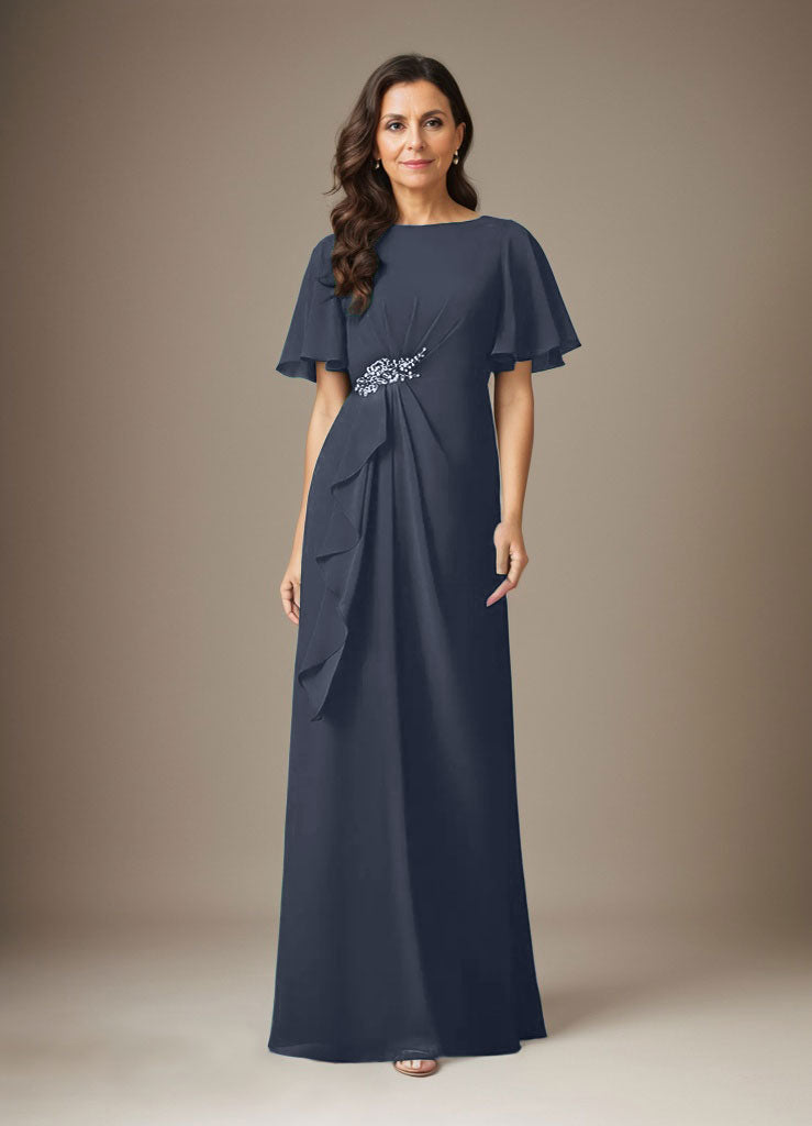 Dunkelblaues Etuikleid aus Chiffon mit Perlenbesatz