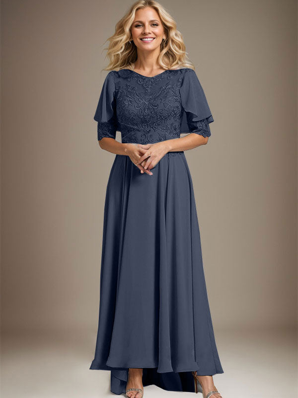 Vestido de madre de la novia de gasa asimétrica con encaje, ilusión, corte A y escote redondo con cuentas 