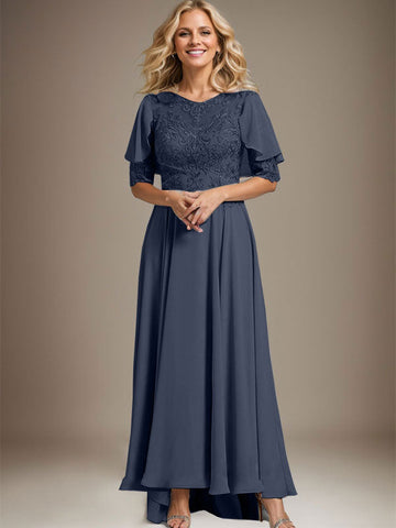 A-line Scoop Illusion Asymmetrical Chiffon Lace Mother of the Bride Dress With Beading