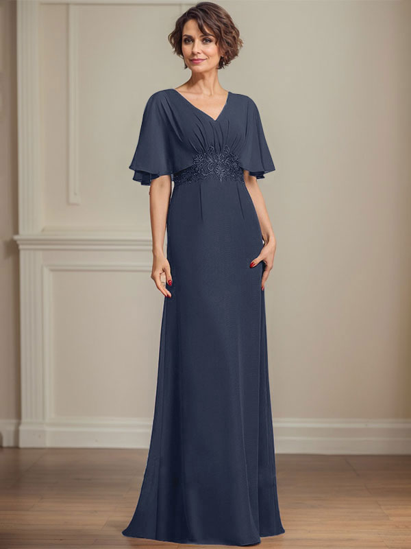 Vestido de gasa para madre de la novia, corte A, escote en V, largo hasta el suelo, con apliques de lentejuelas plisadas y encaje