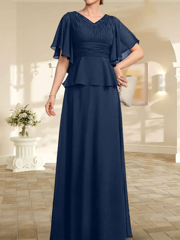 Vestido de gasa para madre de la novia, corte A, escote en V, largo hasta el suelo, con cuentas plisadas