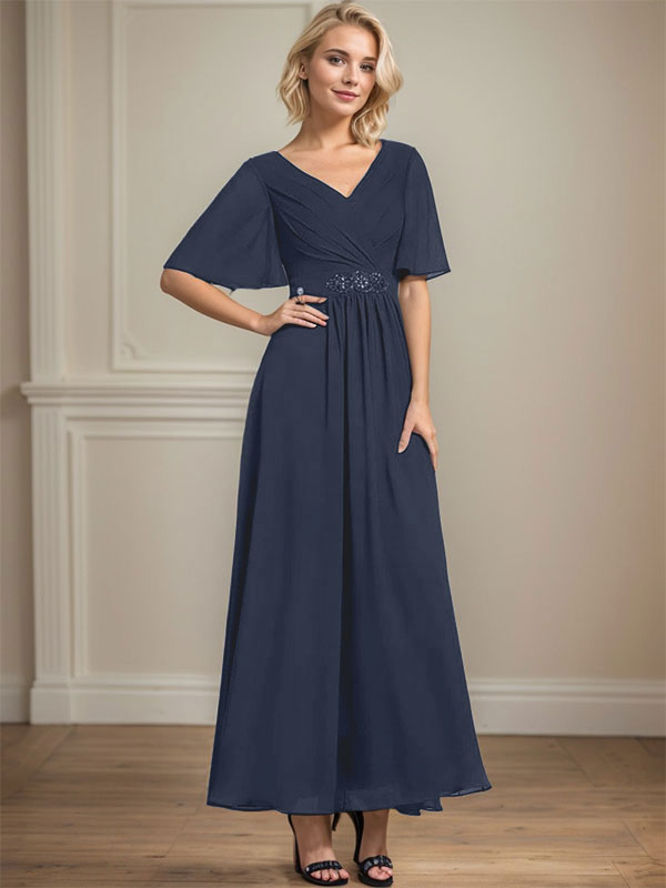 A-Linien-Chiffonkleid mit V-Ausschnitt, Knöchellänge, plissierten Pailletten und Perlenstickerei für die Mutter der Braut