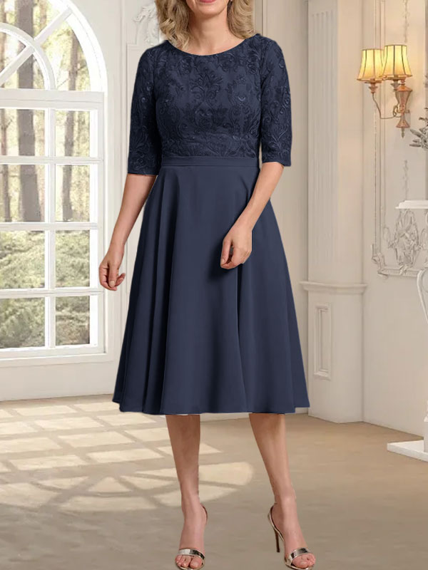 Vestido de gasa con encaje y escote redondo hasta la rodilla para madre de la novia