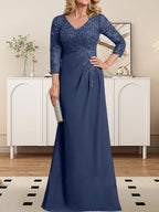 Etuikleid/Säulenkleid mit V-Ausschnitt, Illusion-Detail, bodenlang, aus Chiffonspitze und plissierten Pailletten für die Mutter der Braut 