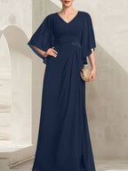 Vestido de gasa para madre de la novia, con escote en V, largo hasta el suelo, con lentejuelas plisadas y abalorios.