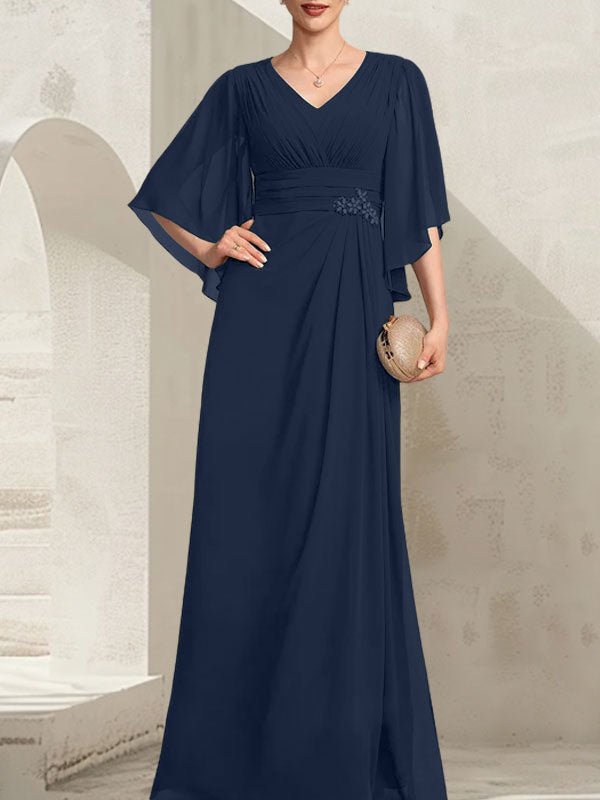 Vestido de gasa para madre de la novia, con escote en V, largo hasta el suelo, con lentejuelas plisadas y abalorios.