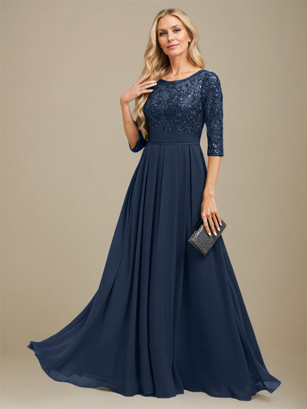 A-Linien-Kleid aus Chiffon mit Paillettenapplikationen und Rundhalsausschnitt, bodenlang, für die Mutter der Braut 