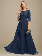 A-Linien-Kleid aus Chiffon mit Paillettenapplikationen und Rundhalsausschnitt, bodenlang, für die Mutter der Braut 