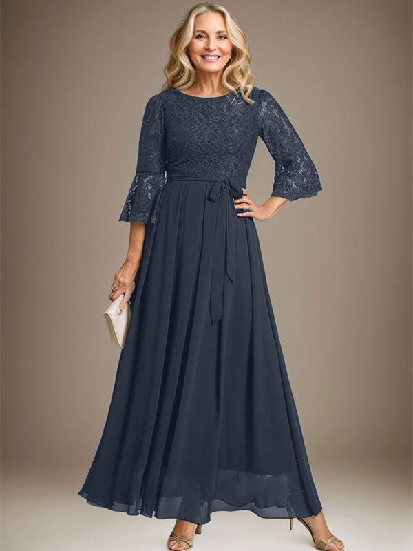 Vestido de gasa con encaje y lazo para madre de la novia, corte A, escote redondo hasta los tobillos