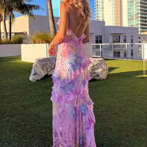 V Neck Ruffled Floral Print Vacation Dress