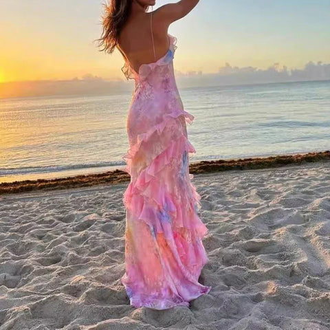 V Neck Ruffled Floral Print Vacation Dress