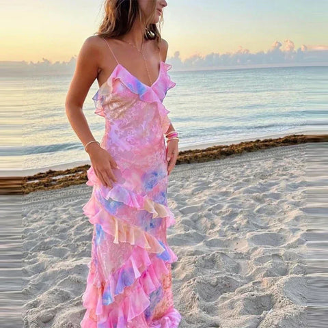 V Neck Ruffled Floral Print Vacation Dress
