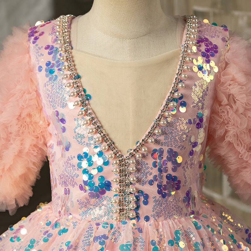 Vestido de niña de las flores para niñas, elegante, para desfile, comunión, lentejuelas, vestido de fiesta de cumpleaños hinchado 