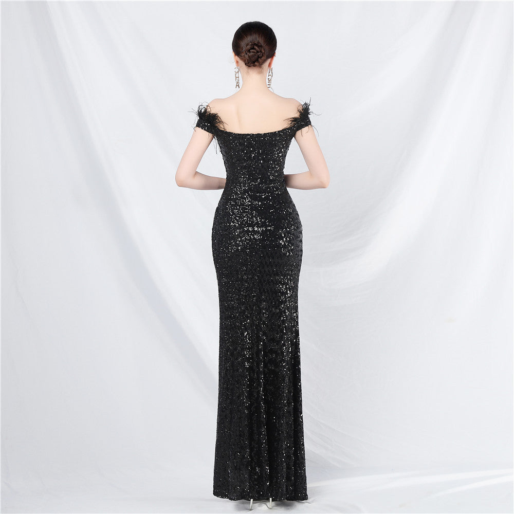 Ostrich hair lace hot diamond court vest fish bone waist high-end evening dress