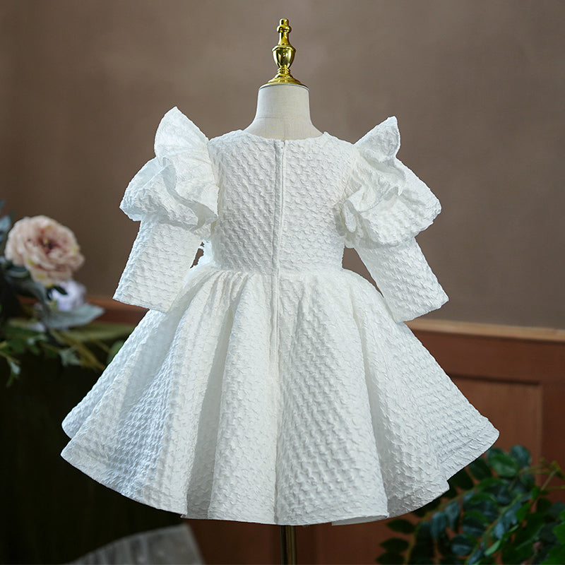 Blumenmädchenkleid, Kleinkind, Prinzessin, Weiß, Langärmelig, Puffärmel, Taufkleid, Festkleid für Taufe, Kommunion, Taufe 