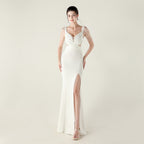 New bead pressing and folding process deep V-neck evening dress slim banquet robe