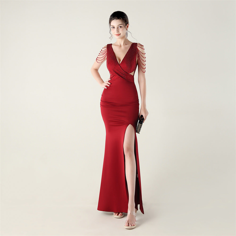 New beaded hot diamond craft slim evening dress, banquet wedding officiant