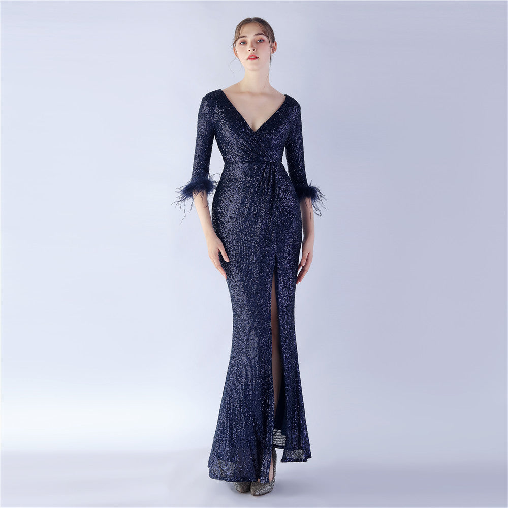 Craft ostrich sequin long-sleeved evening dress
