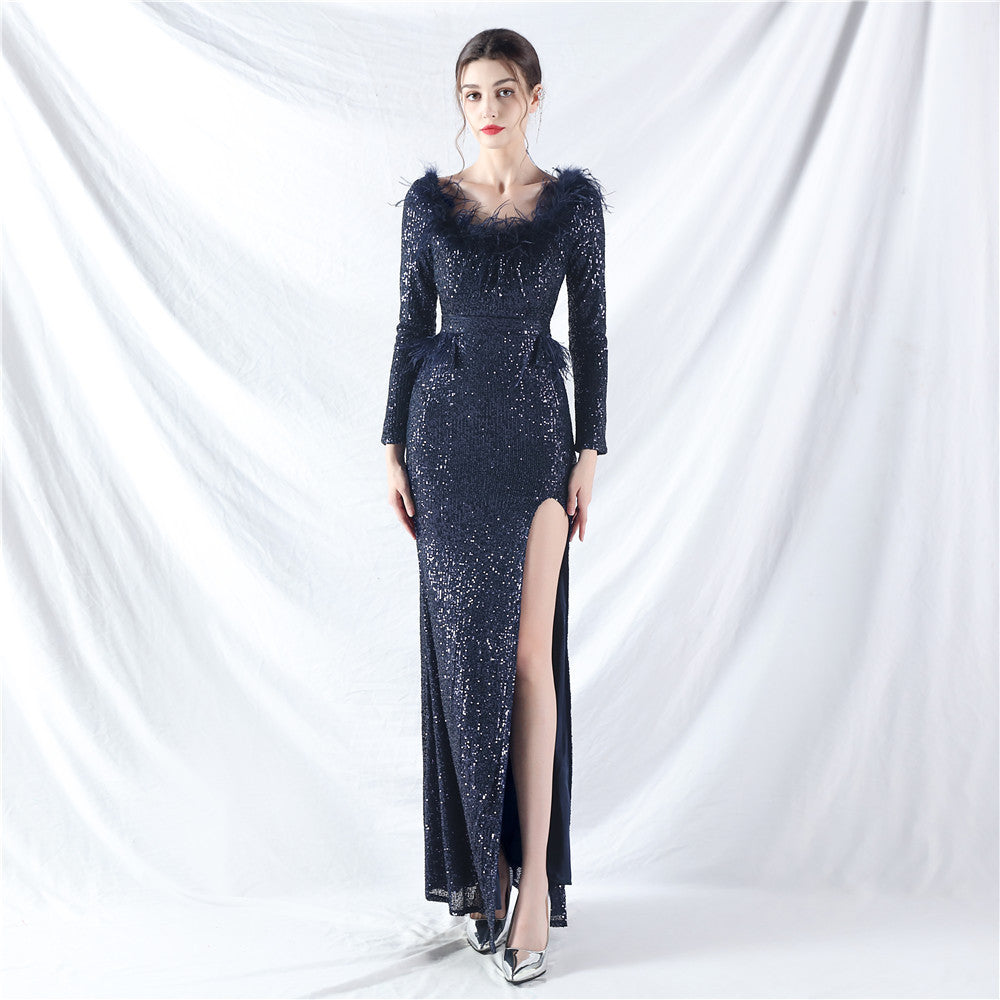 New craft ostrich hair long-sleeved bead evening dress
