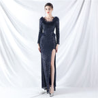 New craft ostrich hair long-sleeved bead evening dress