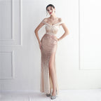 Flannel ten beads new dress long banquet slim evening dress temperament elegant long sequins