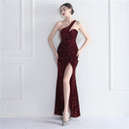Fleece bottom beads fantasy color shoulder party wedding dinner fishtail long evening dress
