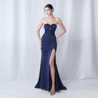 New fish bone waist setting satin cloth scratching wrinkle high-end tube top trailing evening dress