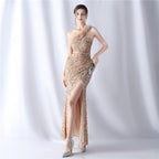 New product craftsmanship order ostrich plush bottom handmade bead high-end shoulder evening dress