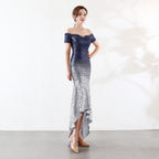 Short-sleeved one-word shoulder dress European and American perspective l gradual change bead dress wedding banquet party dress