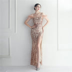 Positioning flower beads, hair binding process, sexy suspender dress, long style.