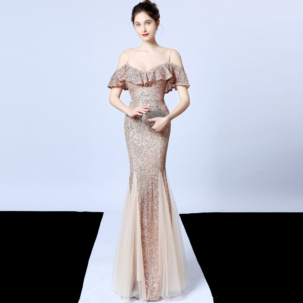 Polyester thread, fringed beads, fishtail banquet, elegant temperament, annual meeting host, car model party dress, female autumn