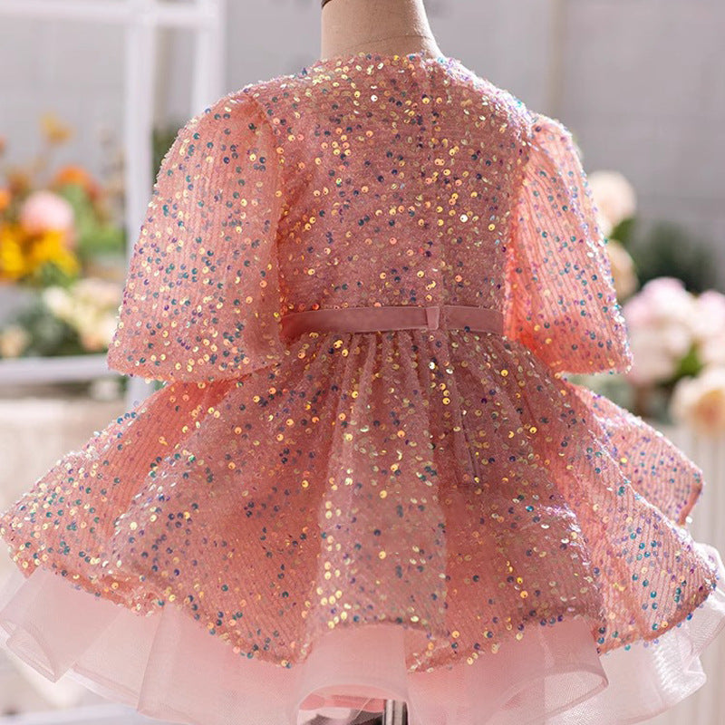 Elegantes rosa Paillettenkleid mit Ballonärmeln und Puffärmeln für Babys und Kleinkinder – Prinzessinnenkleid zur Erstkommunion 