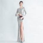 High-density ostrich hair beads long-sleeved fishtail high-end evening dress