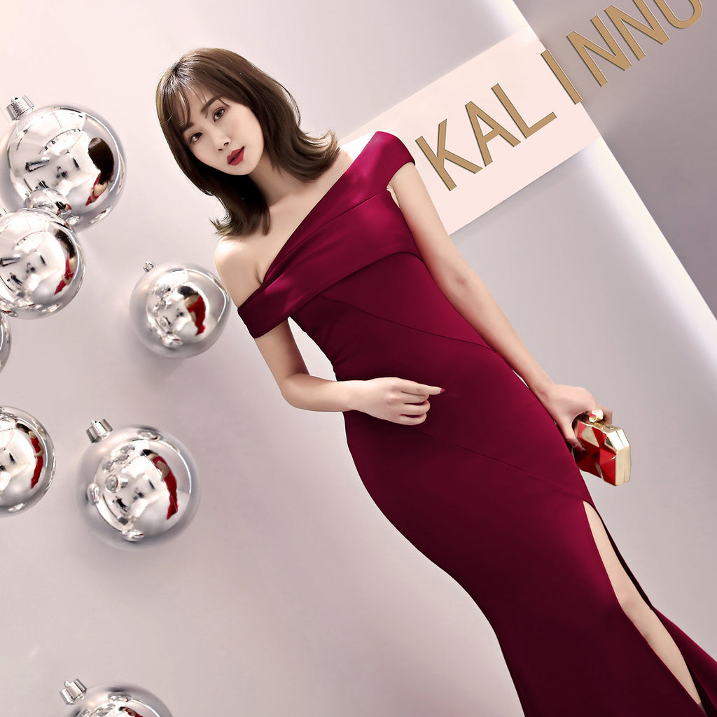 One-word shoulder banquet evening dress women's fashion party long elegant and thin sexy fishtail dress