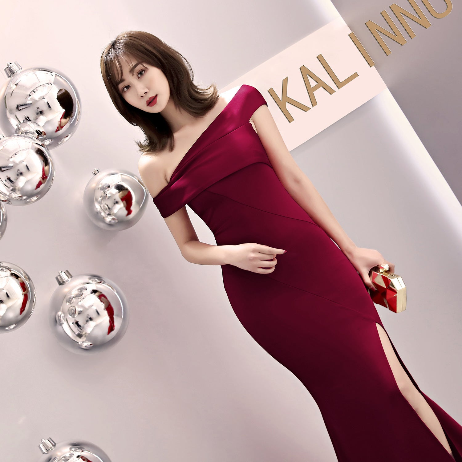 One-word shoulder banquet evening dress women's fashion party long elegant and thin sexy fishtail dress