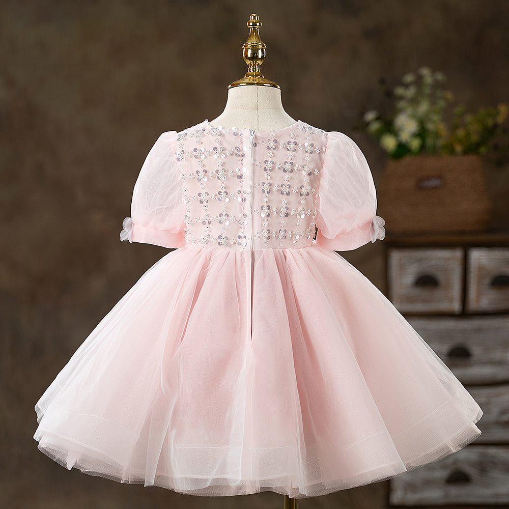 Vestido de verano para niña pequeña, de malla rosa con lentejuelas, para comunión, desfile, princesa 