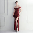 Classic explosive sequined version one-word neck split fork bridesmaid etiquette event celebration slimming and shaping long models