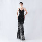 New fleece bottom gradual change bead sexy suspender evening dress