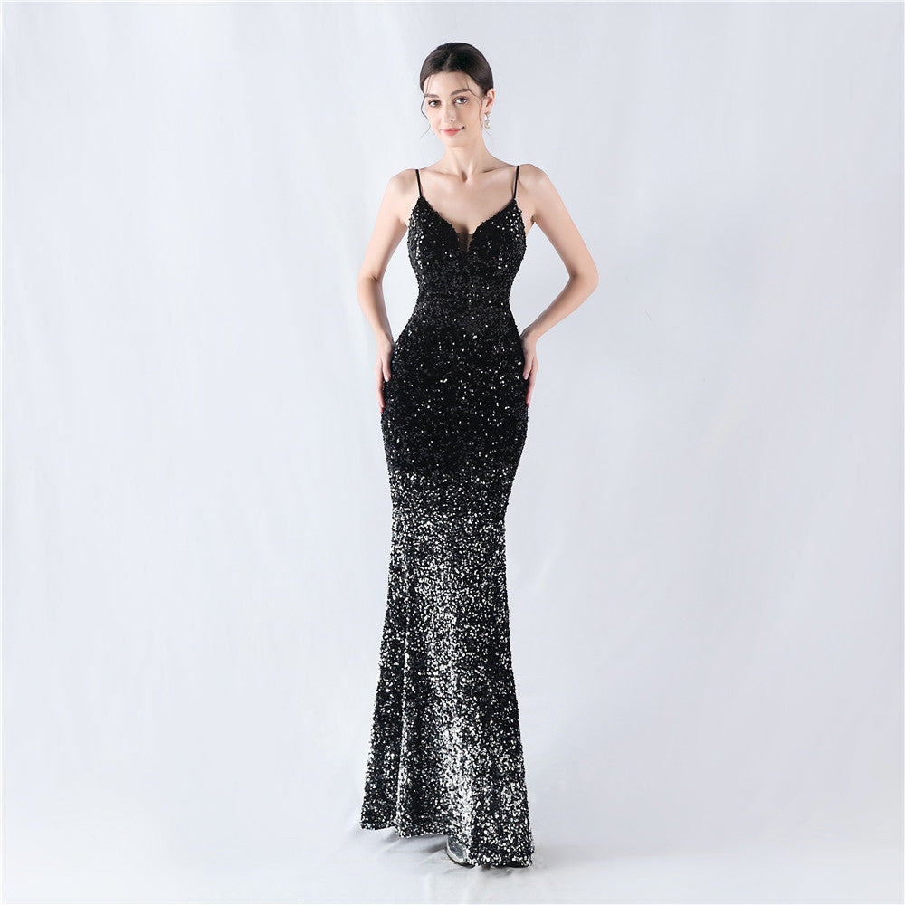 New fleece bottom gradual change bead sexy suspender evening dress