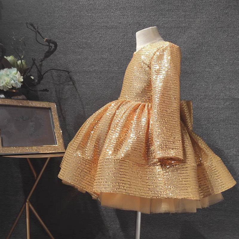 Elegante vestido de lentejuelas doradas para niña, vestido de princesa de primera comunión para niña pequeña 